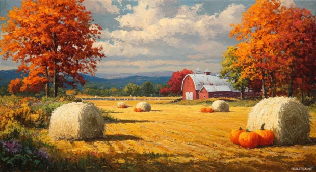 A classic American Fall scene with pumpkin patches, hay bales and colorful trees under a warm sky.