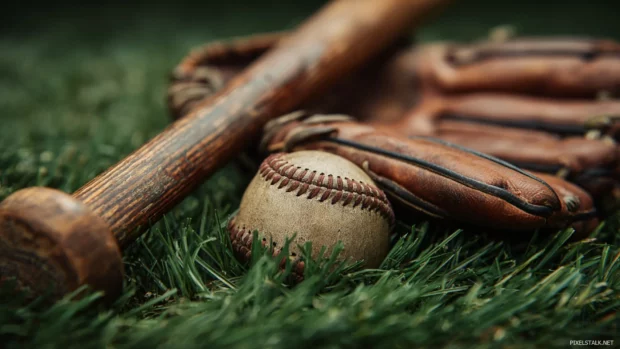 A classic Baseball scene with a wooden bat, leather glove, and a ball resting on fresh green grass.