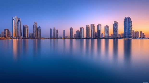A clean and simple depiction of the Dubai Marina with its iconic skyscrapers and calm waters.