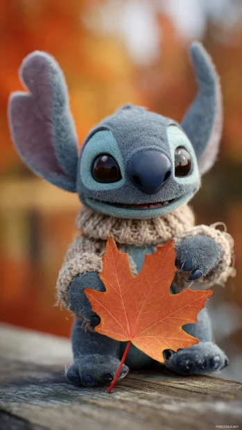 A close up of Stitch holding a large maple leaf, with Fall colors softly blurring in the background.