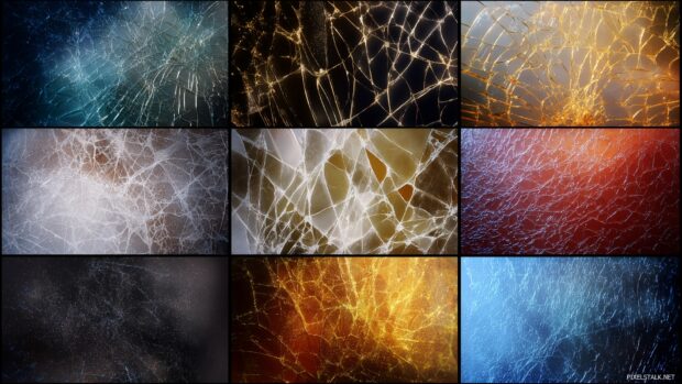 A collection of HD cracked screen backgrounds with abstract patterns and textures, emphasizing the illusion of cracks.