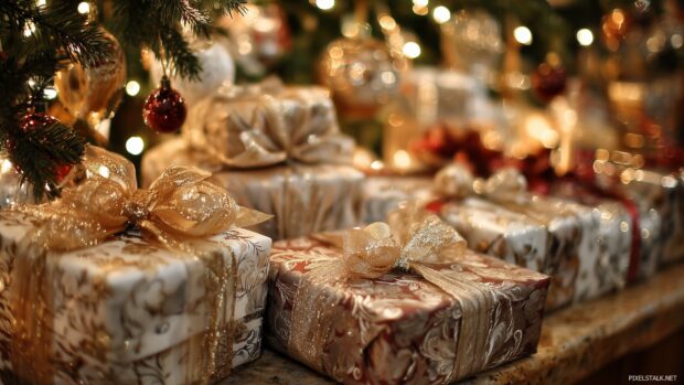 A collection of beautifully wrapped gifts under the tree suitable for free download xmas desktop wallpapers.