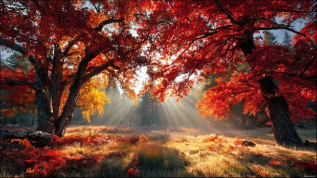 A colorful autumn trees wallpaper featuring a wide field with red and yellow foliage, sunbeams casting dramatic shadows.