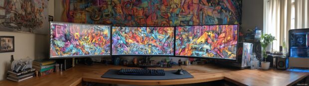 A colorful graffiti mural depicting urban culture, spread out creatively for a triple monitor setup.
