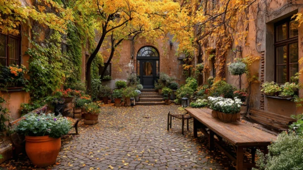 A cozy Autumn courtyard where potted flowers thrive among benches covered in golden leaves.
