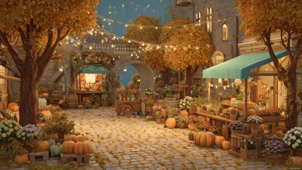A cozy Autumn street market filled with pumpkins, seasonal flowers, and trees shedding their golden leaves.