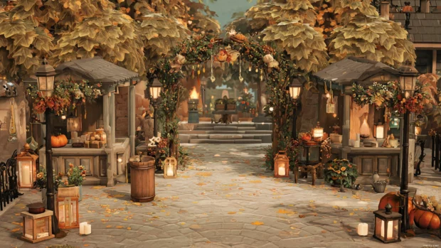 A cozy Autumn village square decorated with seasonal wreaths, lanterns, and golden leaves scattered everywhere.