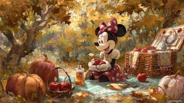 A cozy autumn picnic with Minnie Mouse surrounded by pumpkins, apples, and golden trees.