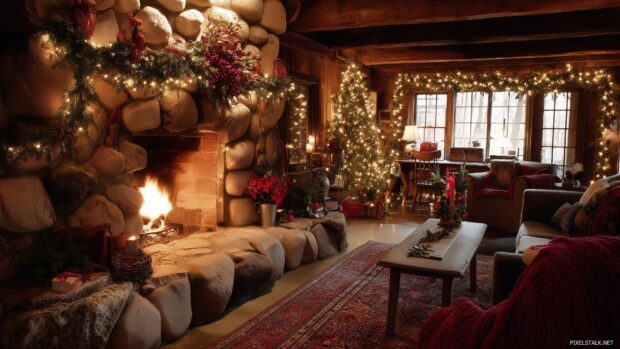 A cozy cabin by the fireplace adorned with holiday decorations displayed as christmas wallpapers free download.