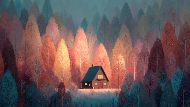 A cozy cabin surrounded by misty Fall forest in a soft pastel illustration with warm lighting.