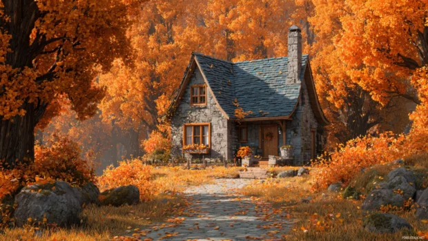 A cozy countryside cottage surrounded by bright Fall trees and fallen leaves in detailed 3D illustration.