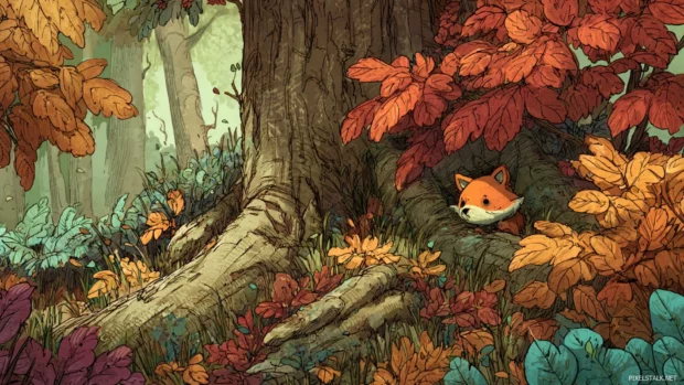 A cozy forest scene where a Cute Baby Animal peeks out from behind a tree, surrounded by colorful fallen leaves.