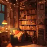 A cozy library atmosphere with warm colors and soft lighting, perfect for creating a comforting desktop wallpaper