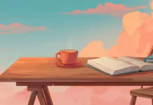 A cozy workspace aesthetic wallpaper featuring a simple wooden desk, open notebook and warm cup of tea under soft gradient sky.