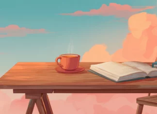 A cozy workspace aesthetic wallpaper featuring a simple wooden desk, open notebook and warm cup of tea under soft gradient sky.