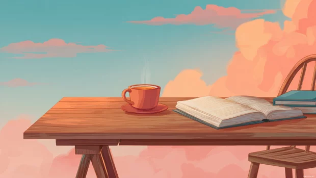 A cozy workspace aesthetic wallpaper featuring a simple wooden desk, open notebook and warm cup of tea under soft gradient sky.