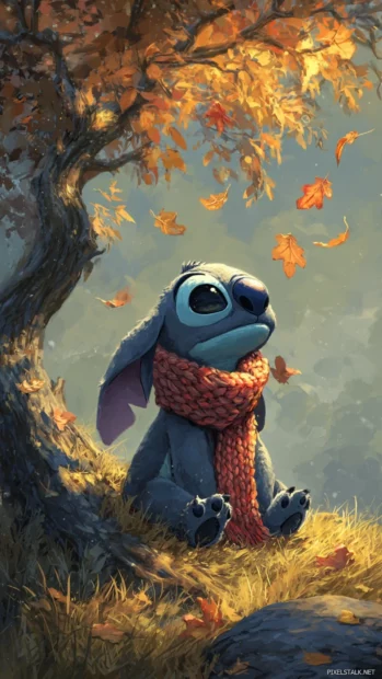 A cute portrait of Stitch wearing a cozy scarf, sitting under a tree with Fall leaves drifting in the breeze.