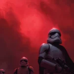 A dark scene showcasing star wars dark side wallpaper with looming stormtroopers and ominous red skies.