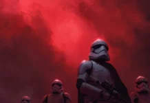 A dark scene showcasing star wars dark side wallpaper with looming stormtroopers and ominous red skies.