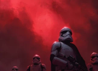 A dark scene showcasing star wars dark side wallpaper with looming stormtroopers and ominous red skies.