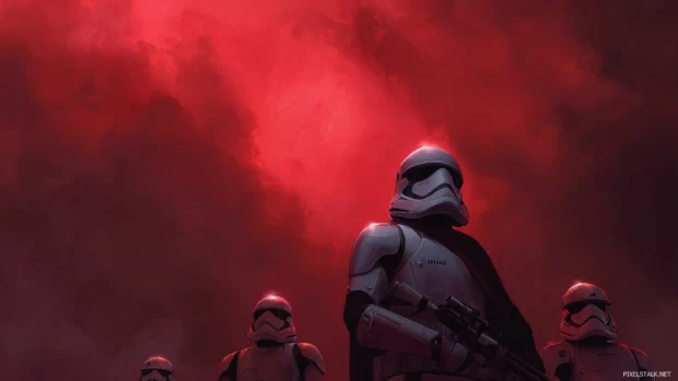 A dark scene showcasing star wars dark side wallpaper with looming stormtroopers and ominous red skies.