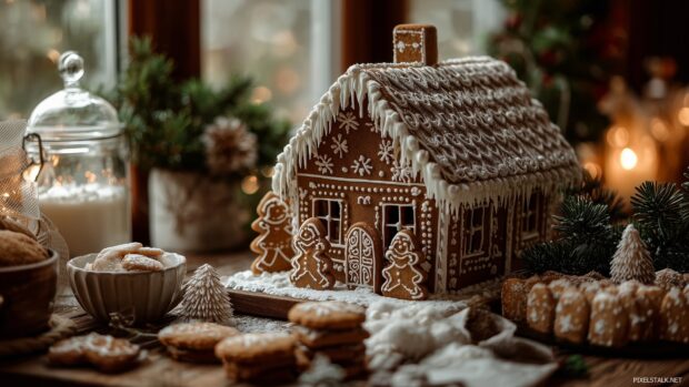 A delightful gingerbread house surrounded by holiday treats displayed as christmas wallpapers free download.