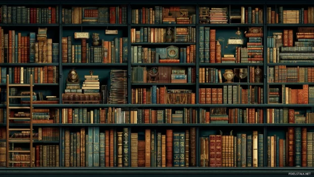 A digital library wallpaper that emphasizes technology and innovation in reading, ideal for tech enthusiasts.