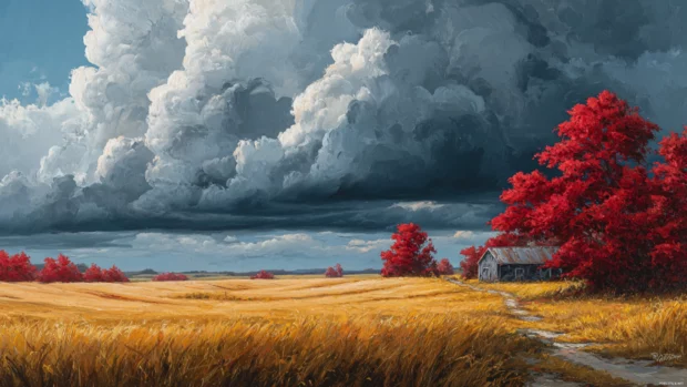 A dramatic sky looms over a quiet autumn landscape filled with wheat fields, red maples, and rustic charm.