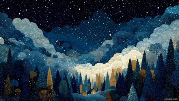 A dreamy night sky filled with stars and festive motifs for free festive wallpapers download.