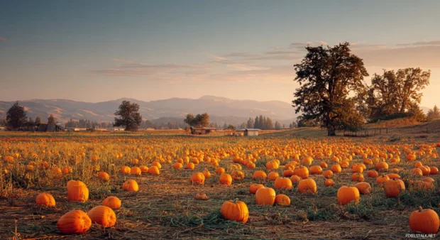 A field of vibrant Pumpkin scattered across a rustic farm at sunset, calm autumn breeze and distant trees.