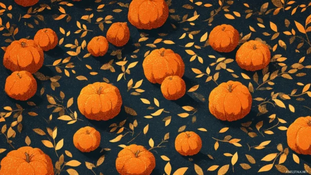 A landscape of scattered pumpkins and golden leaves forming a natural seamless tile.