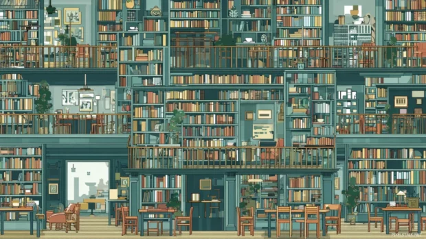 A library wallpaper collection revealing various sections, from reading rooms to study zones, perfect for a dynamic desktop experience.