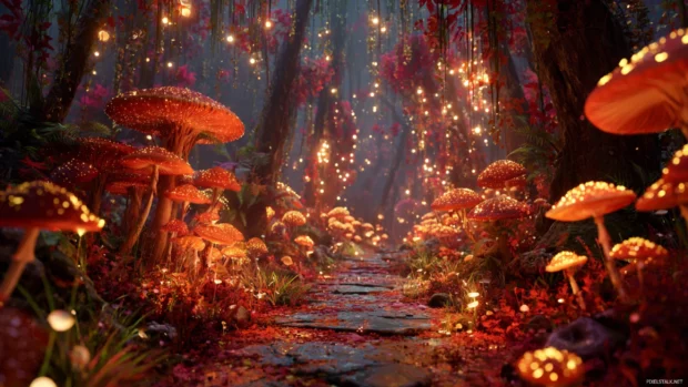 A magical Fall forest path covered in fallen leaves and surrounded by glowing mushrooms, rich 3D rendering.