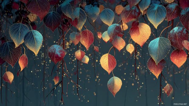 A magical birch foliage backgrounds where leaves shimmer in the moonlight.