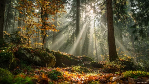 A magical forest during Beautiful Autumn with sunbeams shining through trees and colorful leaves swirling.