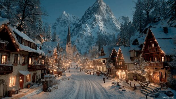 A magical snowy village scene alive with lights and joy, ideal for desktop xmas wallpapers free.