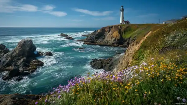 A majestic lighthouse in the distance framed by wildflowers and rugged coastal cliffs beneath a clear blue sky.