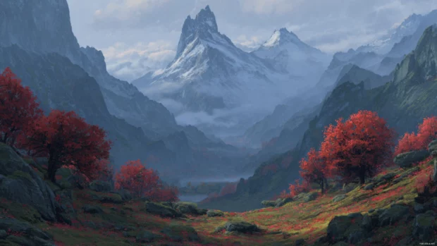 A misty mountain range rises behind a valley bursting with autumn leaves in this serene landscape scene.