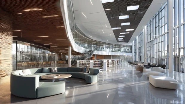 A modern library featuring sleek architecture and digital resources, designed for the contemporary student.