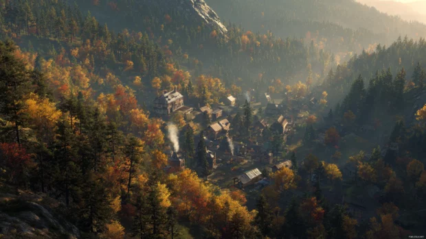 A mountain village surrounded by glowing Fall forests, smoke rising from chimneys on a crisp afternoon.
