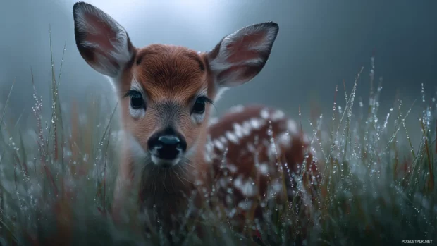 A newborn fawn gazes through morning fog with dew covered grass, capturing baby animal wallpapers free download realism and delicate lighting.