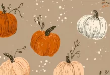 A pattern of cute pumpkin illustrations blended with rustic textures and delicate lines.