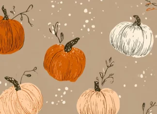 A pattern of cute pumpkin illustrations blended with rustic textures and delicate lines.