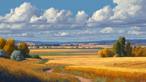 A peaceful Autumn countryside with distant hills, fields of golden crops, and trees displaying rich seasonal colors.
