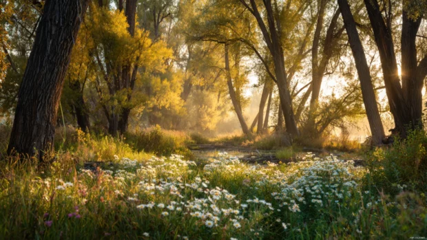 A peaceful Autumn morning with wildflowers blooming under trees glowing in soft golden light.