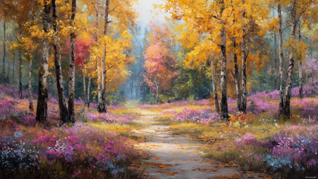 A peaceful Autumn path lined with colorful trees and small clusters of wild flowers blooming at the edges.