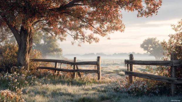 A peaceful Fall morning in the countryside with a rustic wooden fence and misty background, 3D visual style.