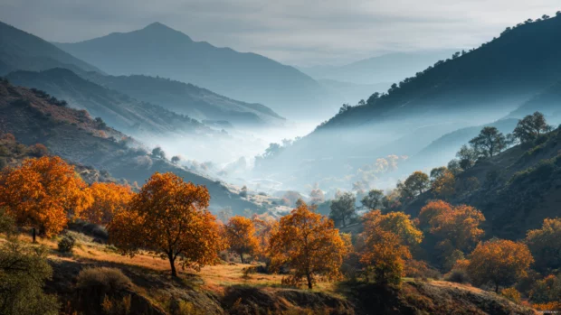 A peaceful Fall morning in the mountains with misty valleys and vibrant orange trees lining the slopes.