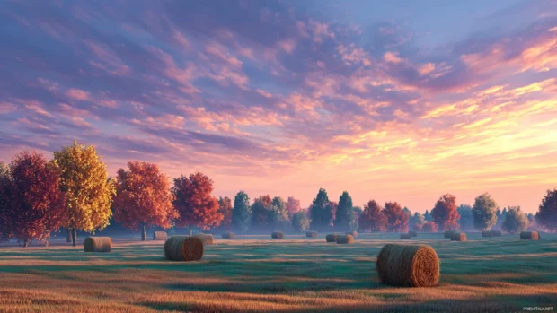 A peaceful Fall sunrise over a countryside field with scattered hay bales and rows of colorful trees in 3D style.