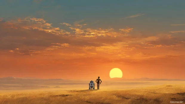 A peaceful Star Wars moment with R2 D2 and C 3PO walking across a golden desert at sunset.